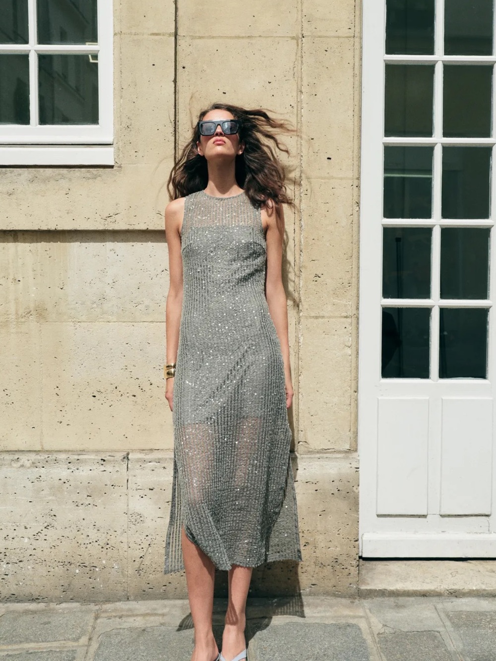 Zara Silver Sleeveless Sparkle Midi Dress